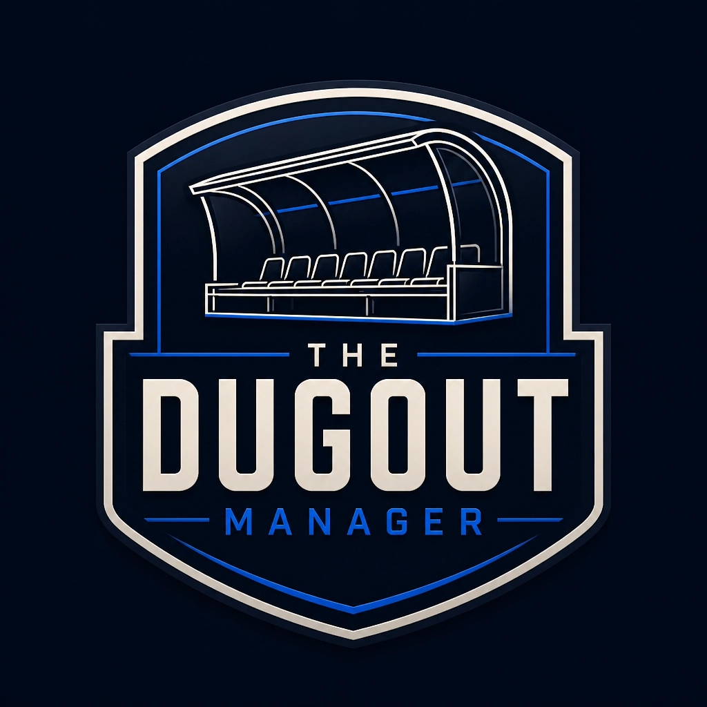 THE DUGOUT MANAGER — modern architectural dugout crest and badge THE DUGOUT MANAGER crest with a covered football dugout, team-bench silhouette, cream wordmark, and restrained electric-blue details